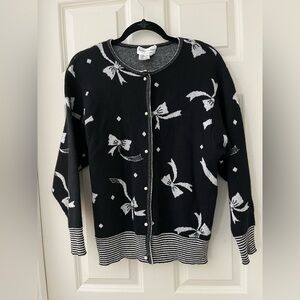 Vintage Franco Valeri Black/White & sparkly silver bow cardigan w/pearl buttons